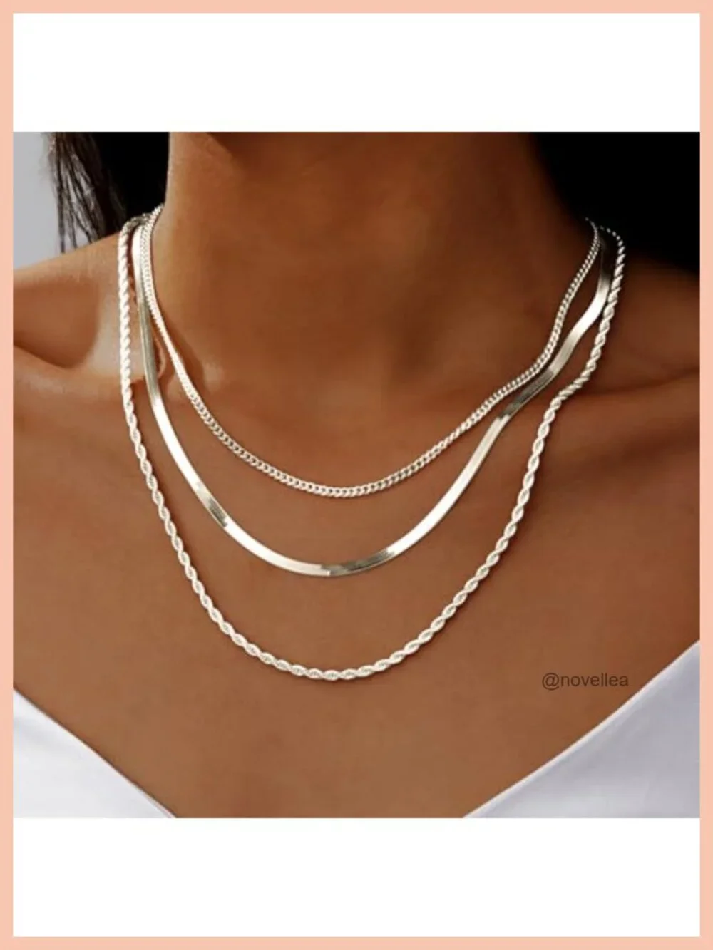 3 Piece Layered Necklace Set, 925 Sterling Silver Plated Brass Herringbone Rope